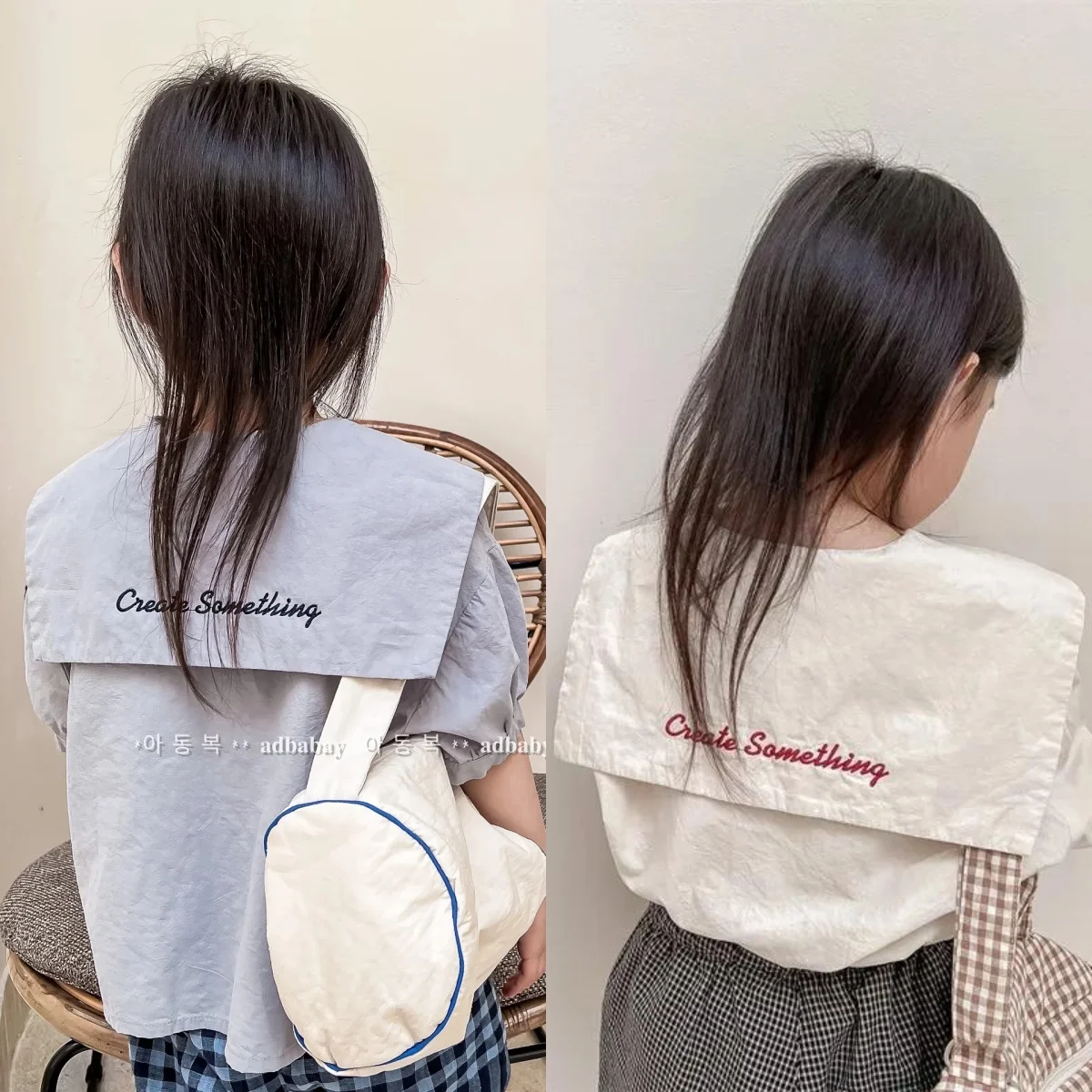 Korean Style New Summer Girls Short Sleeve Blouse Beige Light Blue Letter Embroidery Sailor Collar Single Breasted Shirts A22293