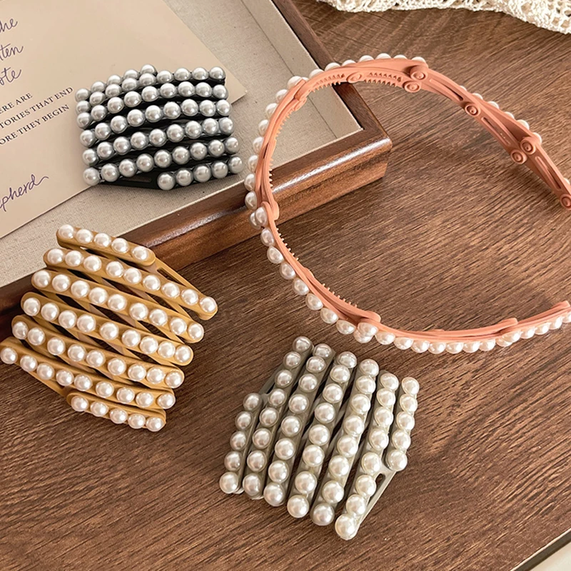 New Foldable and Extendable Pearl Headband Women Travel Portable Storage Face Wash Makeup Non-slip Hair Hoop Hair Accessories