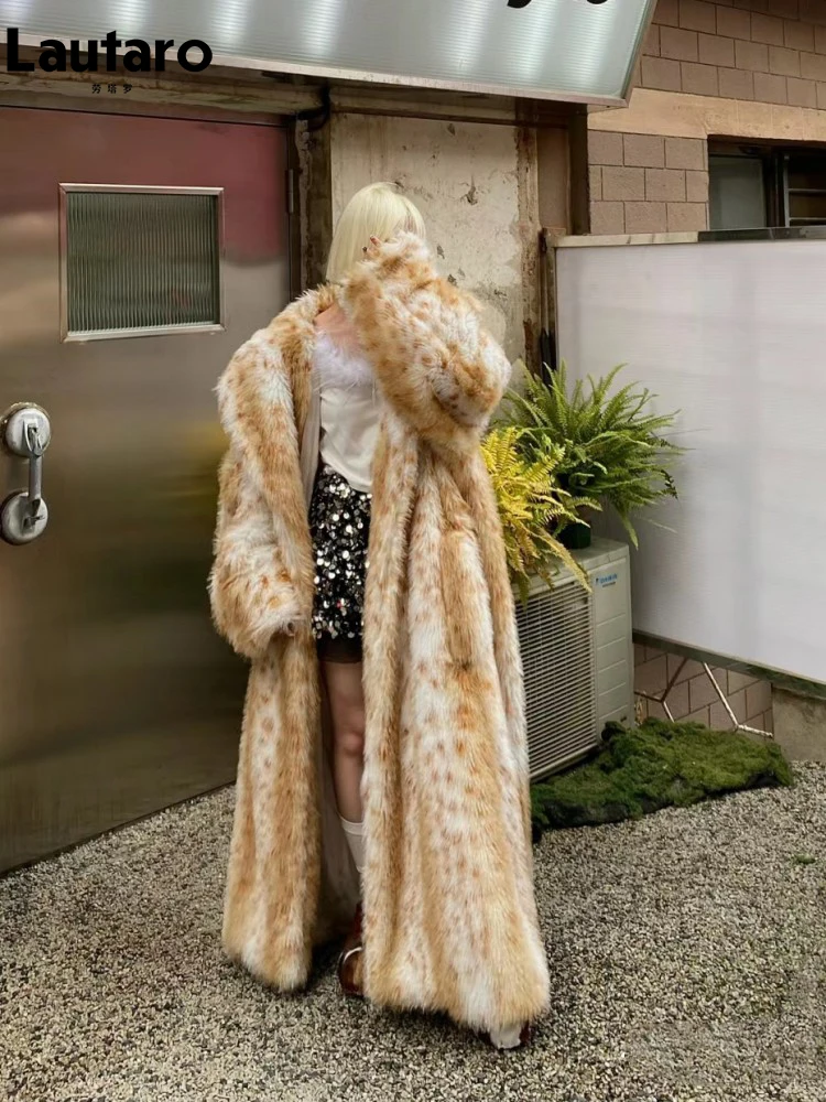 Lautaro Winter Extra Long Oversized Warm Thick Fluffy Hairy Soft Colorful Leopard Print Faux Fur Coat Women Furry Overcoat 2024