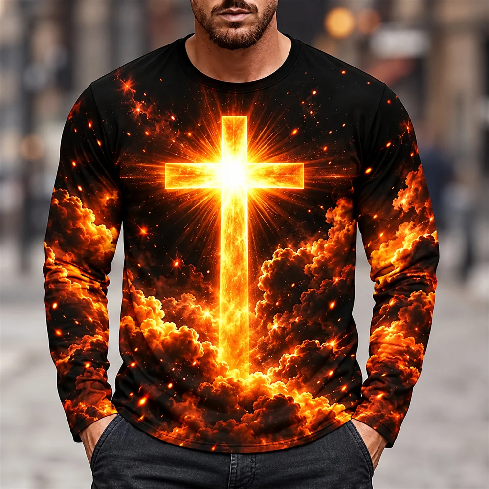 Christian Faith Long Sleeve T Shirt For Men Radiant Cross 3D Print Heavenly Cloud Graphic Crew Neck Top Casual Everyday Clothing