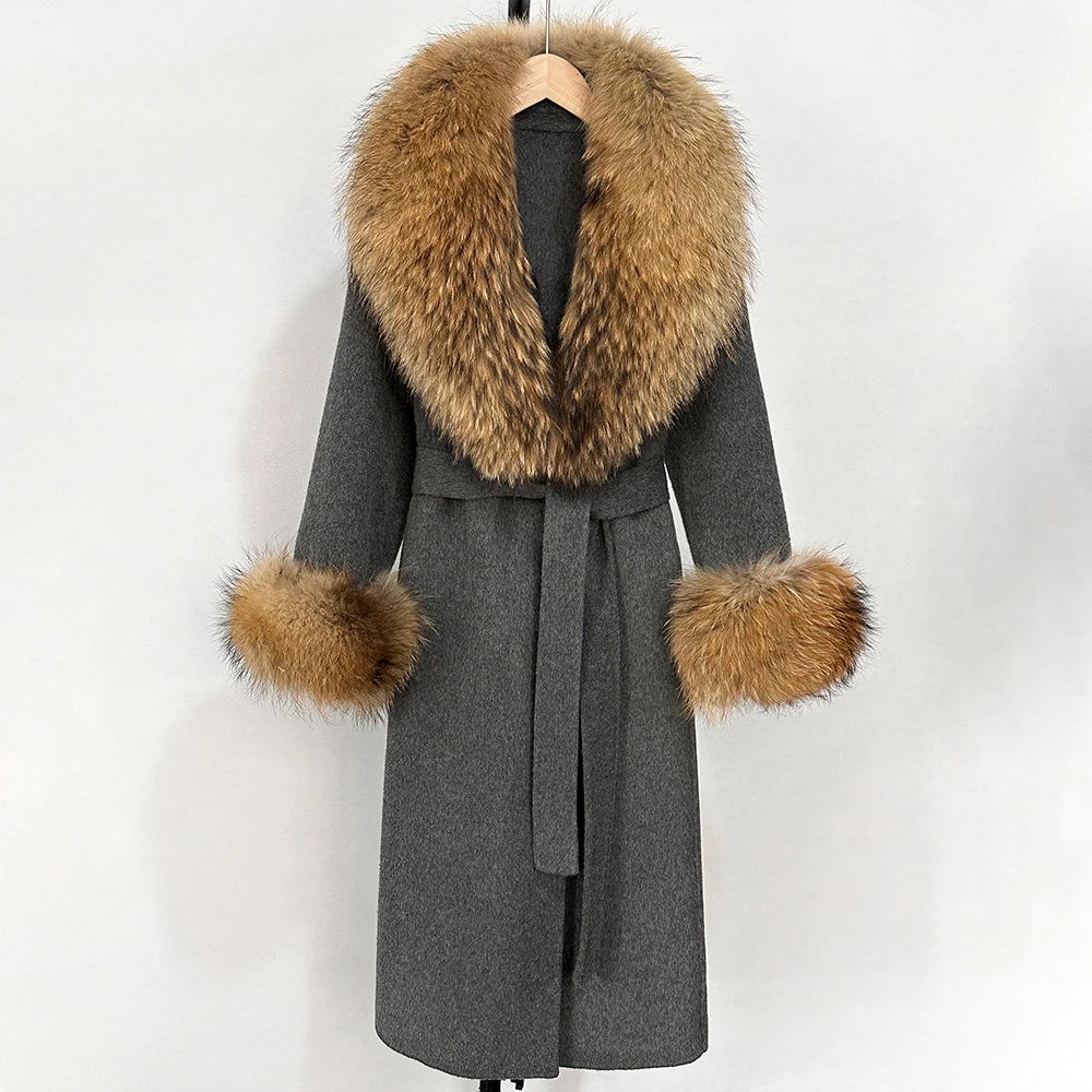 New Autumn Wool Blend Coat Women Elegant Warm Real Fox Fur Collar Winter Wool Coat Female Double-sided Cashmere Woolen Jacket