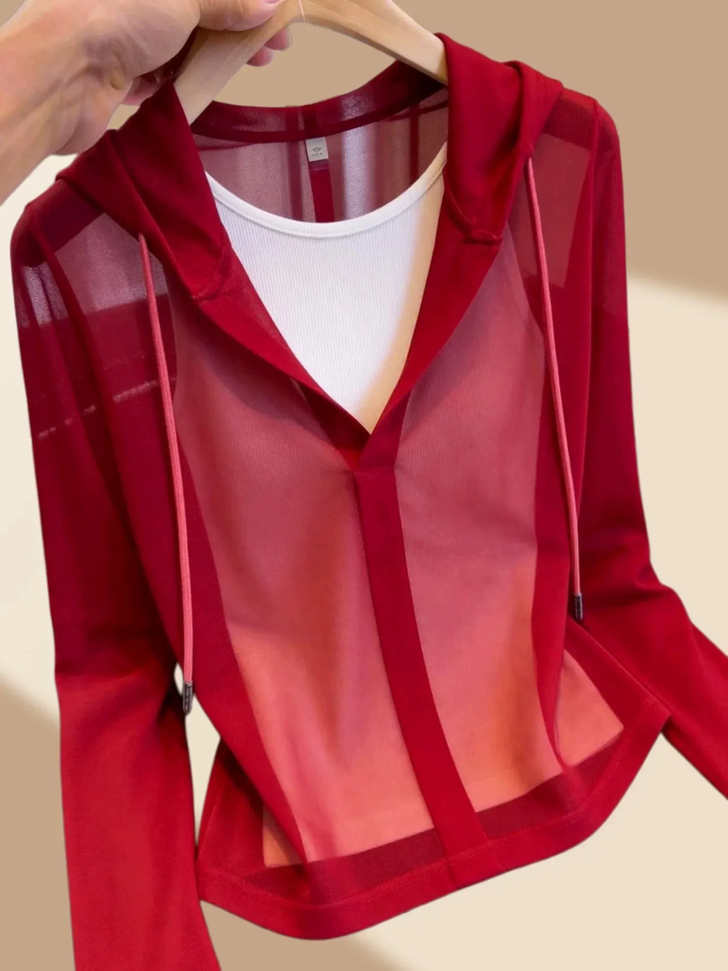 Sweet Cool Spicy Red See-through Hooded Long Sleeve Women's Summer Fashion Anti-aging Large Size Lightweight Sun Protection S...