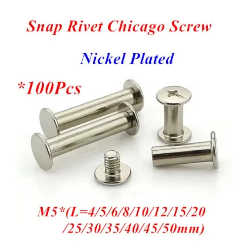 100 unidades de tornillos Chicago M5, remaches a presión,tornillos encuadernación,acero niquelado,M5*4/5/6/8/10/12/15/20/25/30mm