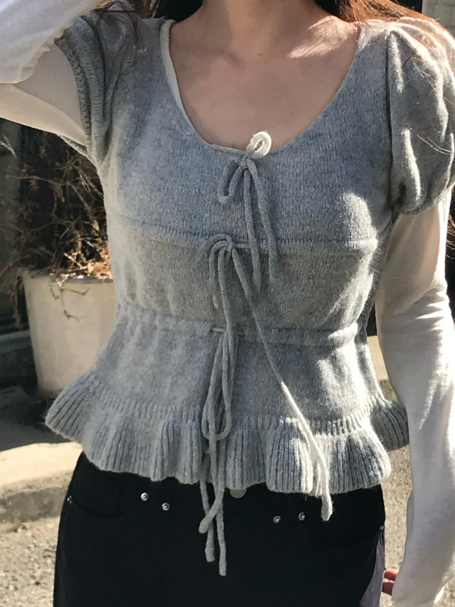 

Sweet Knot ort Sve Knitted Top Women's Design Ele Layering Bubble Sve irt Korean Sle Loose Fit