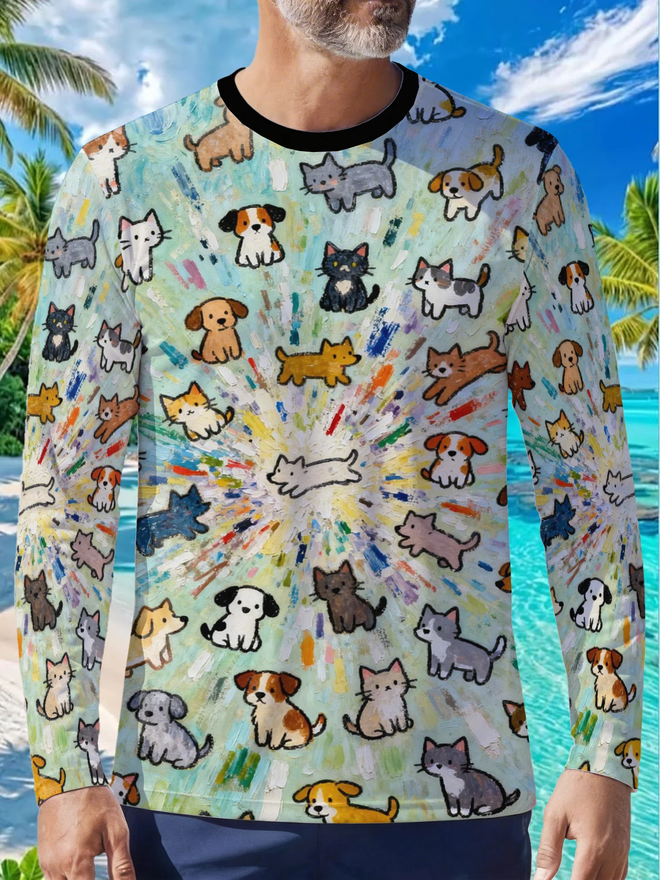 Cute Cat Dog Puppy Kitten Cartoon Pattern Mens Polyester Long Sleeve T Shirt Animal Print Graphic Tee Casual Streetwear Soft Com