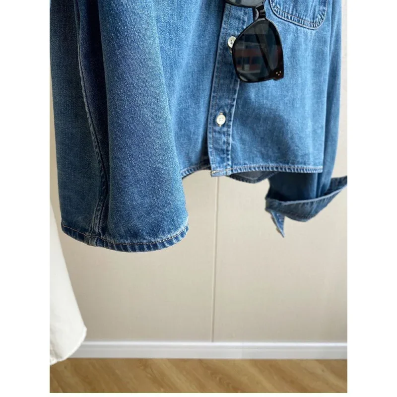 Women Denim Shirt Short Top Washed Single Breasted Turn Down Collar Y2k Pockets Streetwear Work 2025 Autumn Vintage Overshirt