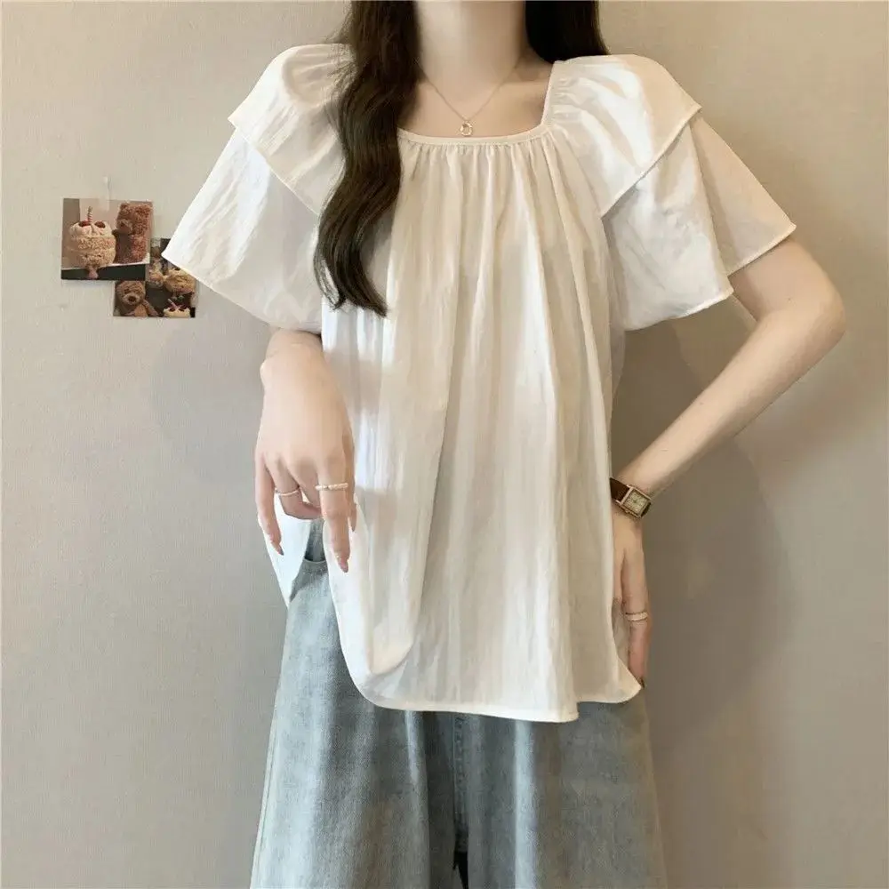 

Short Sleeve Shirts Womens Chiffon Pleated Pintuck Cropped Art Museum French Feminine Modern Student Youthful Artistic Daily