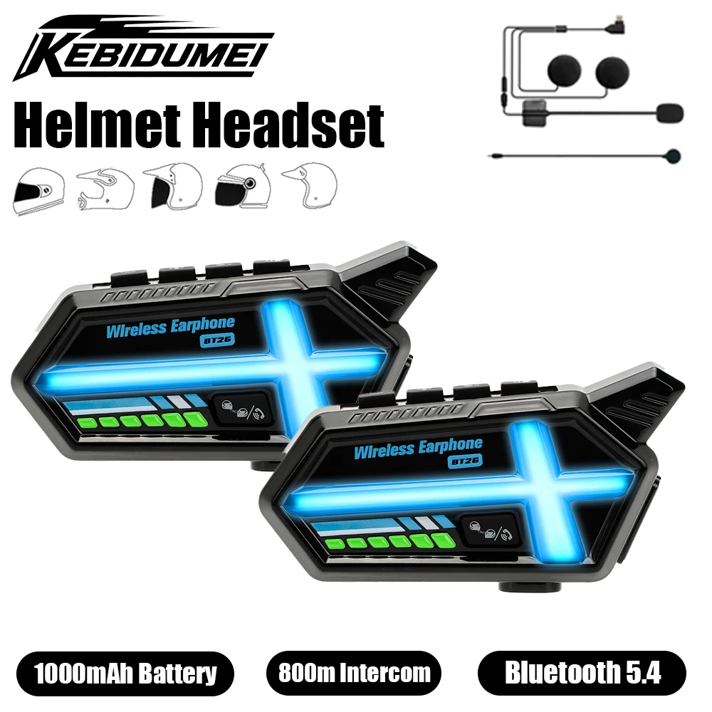 KEBIDUMEI BT26  Helmet Headset Bluetooth Speaker Waterproof 800m Motorcycle Intercom Wireless Stereo Headphone Moto Accessories