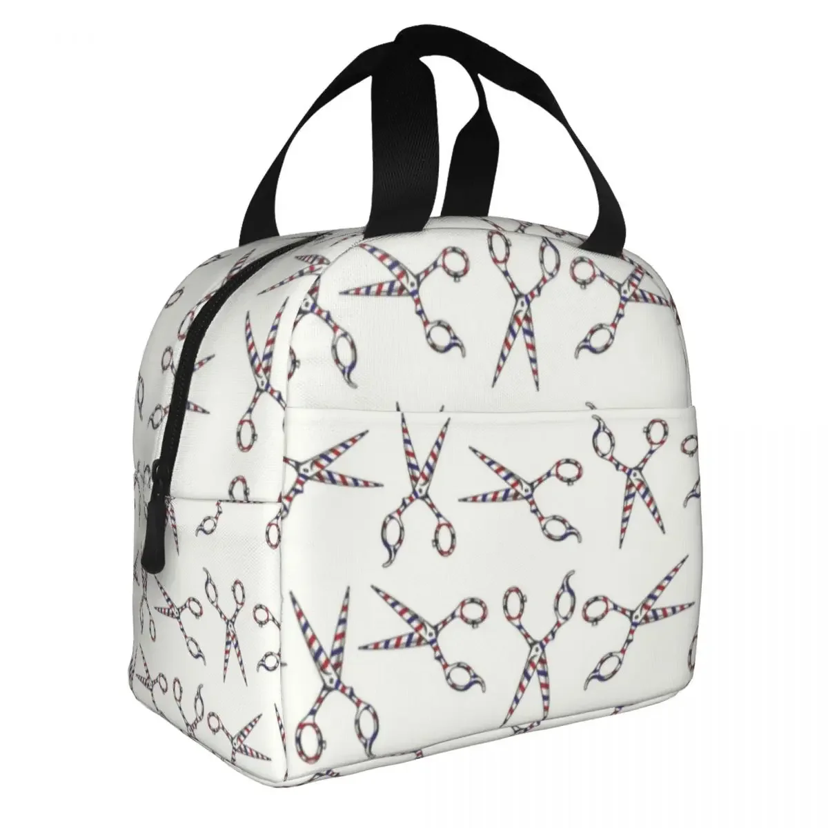 Barber Pole Scissors Pattern Vintage Haircut Insulated Lunch Tote Bag for Women Hairdresser Gift Cooler Thermal Food Lunch Box