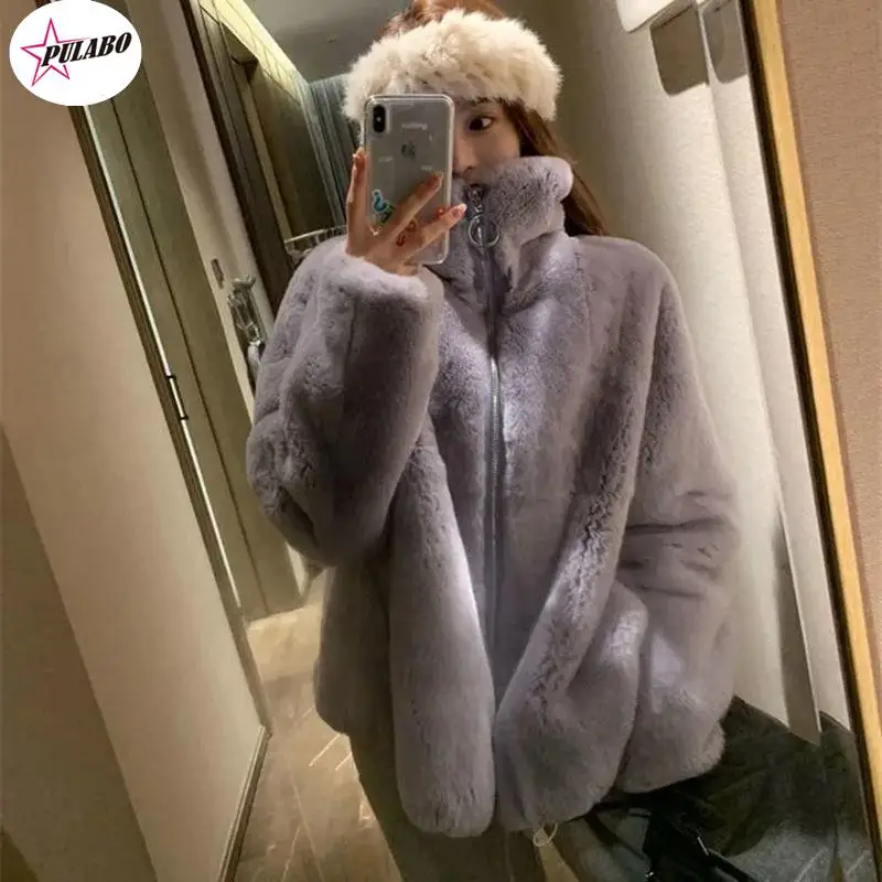 PULABO Rabbit Faux Fur Autumn and Winter Jacket Women Korean Version Ins Loose Stand Collar Fashion Furry Coat Lazy Warm Zipper