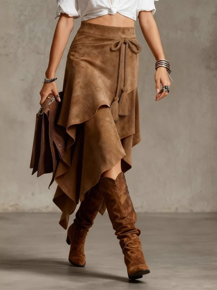 2026  Autumn Women Vintage Western Irregular Rope-tie Tassel Suede Half Skirt Fashion Streetwear