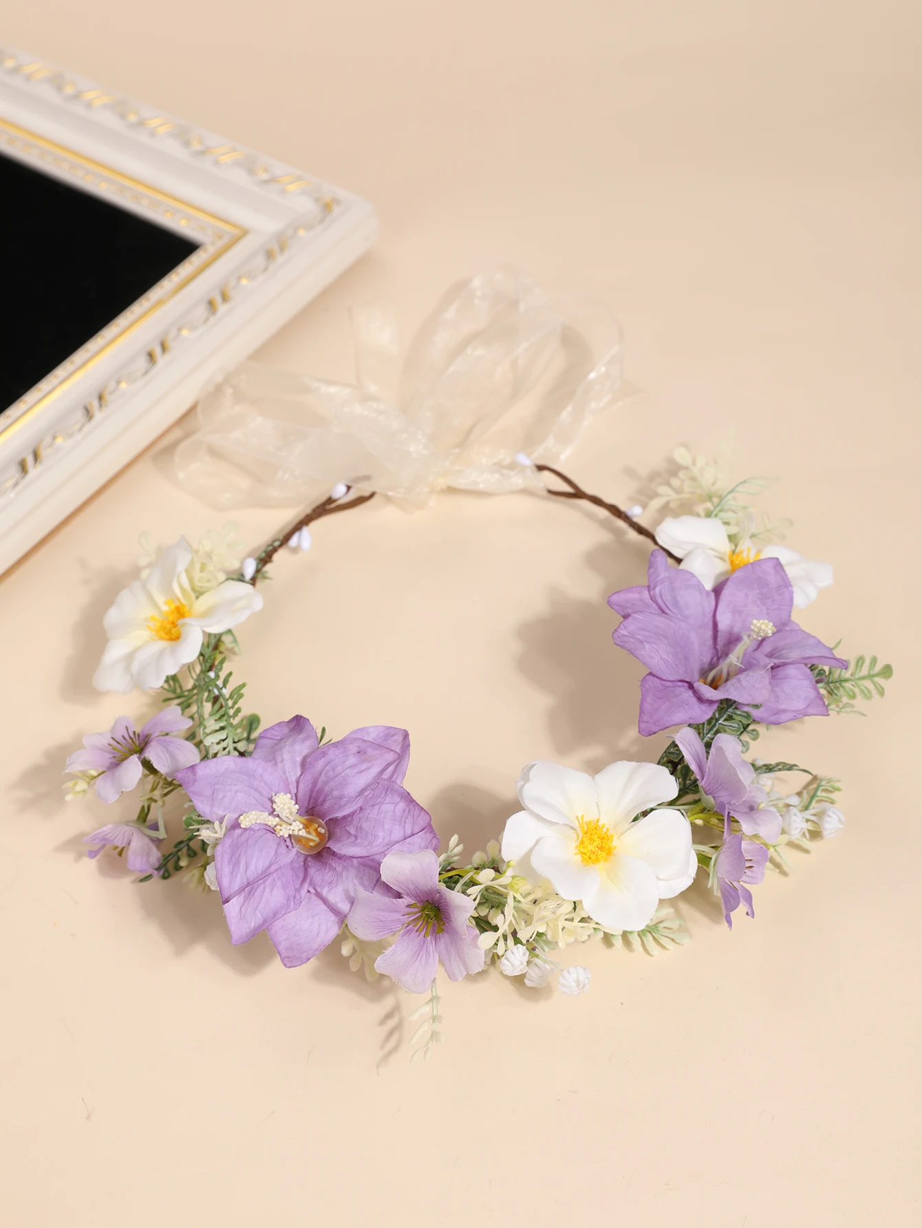 Handmade Blue and White Floral Headband, Fairy-Like Mesh Ribbon Flower Hair Accessory, Outdoor Wedding Photo Shoot Pastoral Style Flower Crown image 6