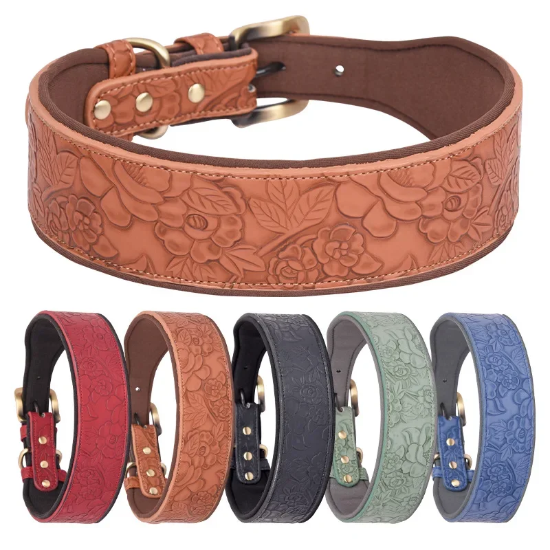 Engraved Patterned PU Leather Soft Comfortable No Pull Padding Durable Heavy Duty Medium Large Pet Dog Training Collar