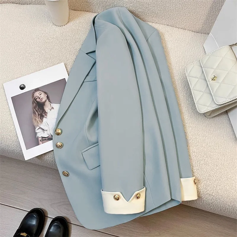 Blazer Block Color Suit Metal Jacket Hepburn Style Coat Women Clothing Autumn Elegant Casual All-match French 2024 Lady Trend