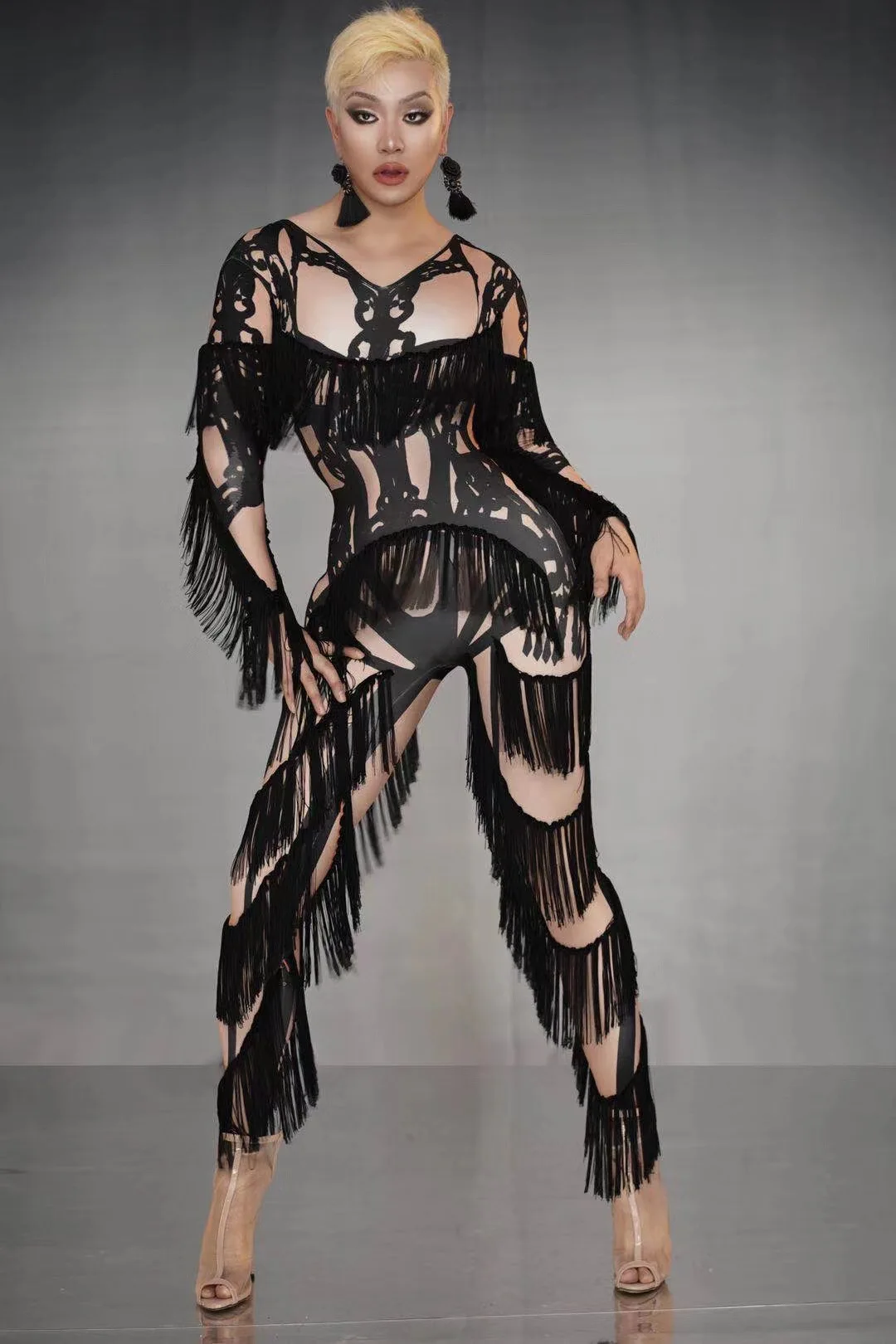

Stylish black fringed tights jumpsuit Costume Birthday nightclub DS Singer Stage pole dancer performance festival outfit