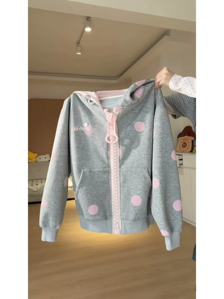 Kawaii Harajuku Y2K Fashion Hoodies Women Pink Polka Dot Oversized Zipper Jacket Front Pocket Loose Fit Casual Daily Sweatshirts