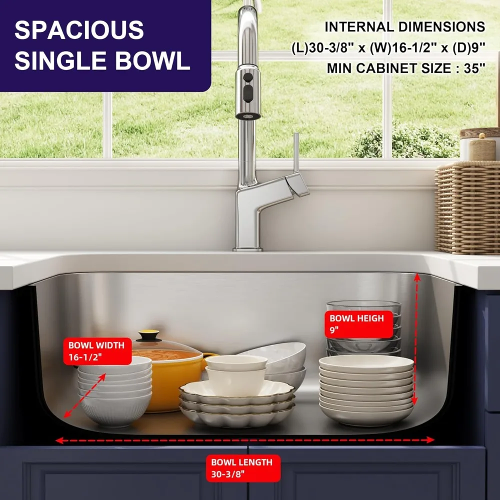 حوض مطبخ سفلي 18 مقياس من الفولاذ المقاوم للصدأ وعاء واحد واسع على شكل منحني زاوية مستديرة أحواض عميقة مع سلة S #4