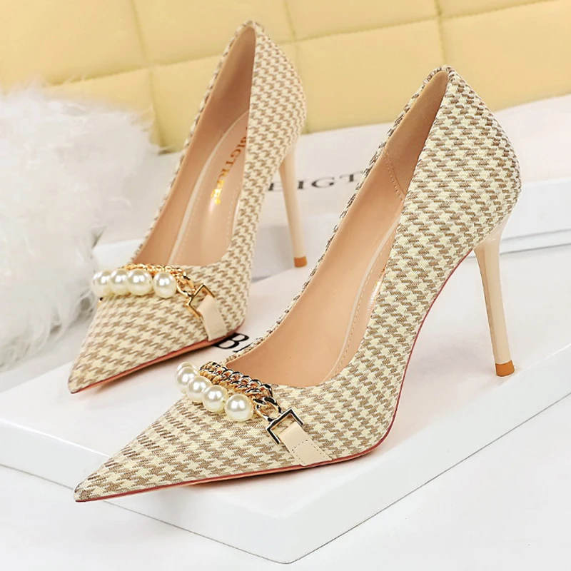BIGTREE Spring Women Pumps Pearl Metal Chain High-heels Checked Grain Stilettos Heels Luxury Banquet Shoes 43