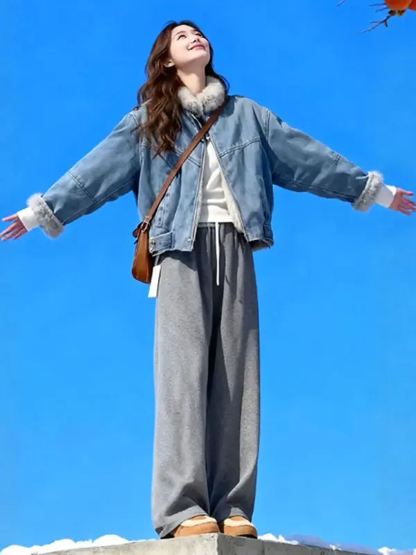 

Retro High Faion ort Lamb Fur Denim Jaet Stand Collar Personali Korean Sle Women's Coat Winter Outerwear Top