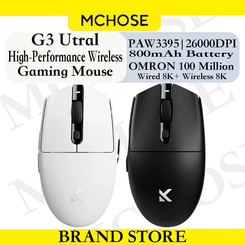 

Mchose G3 Ультра трехрежимная легкая беспроводная игровая мышь Paw3395 26000 точек на дюйм Точность Dual 8K Скорость возврата Omron 100 миллионов Высокопроизводительная игровая мышь для киберспорта