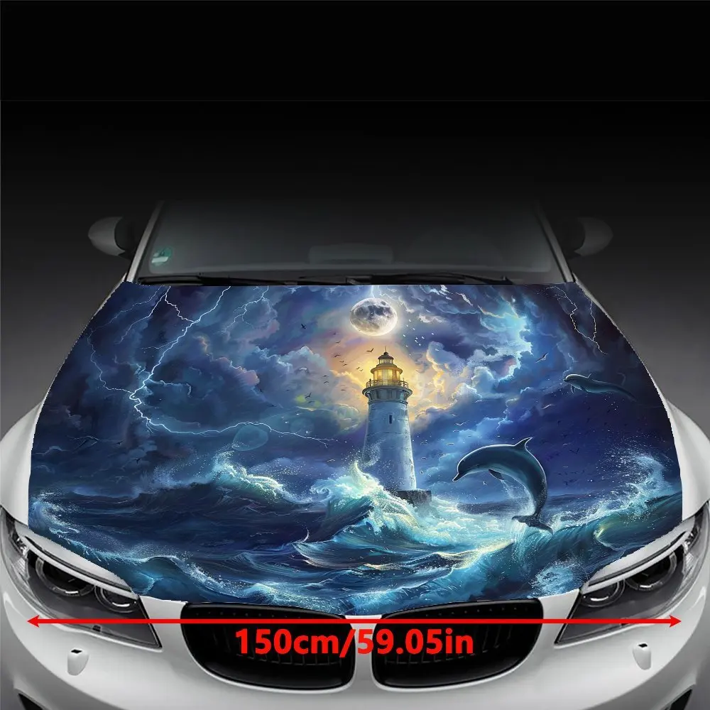 Lighthouse And Dolphins Car Hood Sticker - Durable Polyvinyl Chloride (PVC), Custom Car Hood Wrap, Sedan/SUV Hood Decals, Easy T