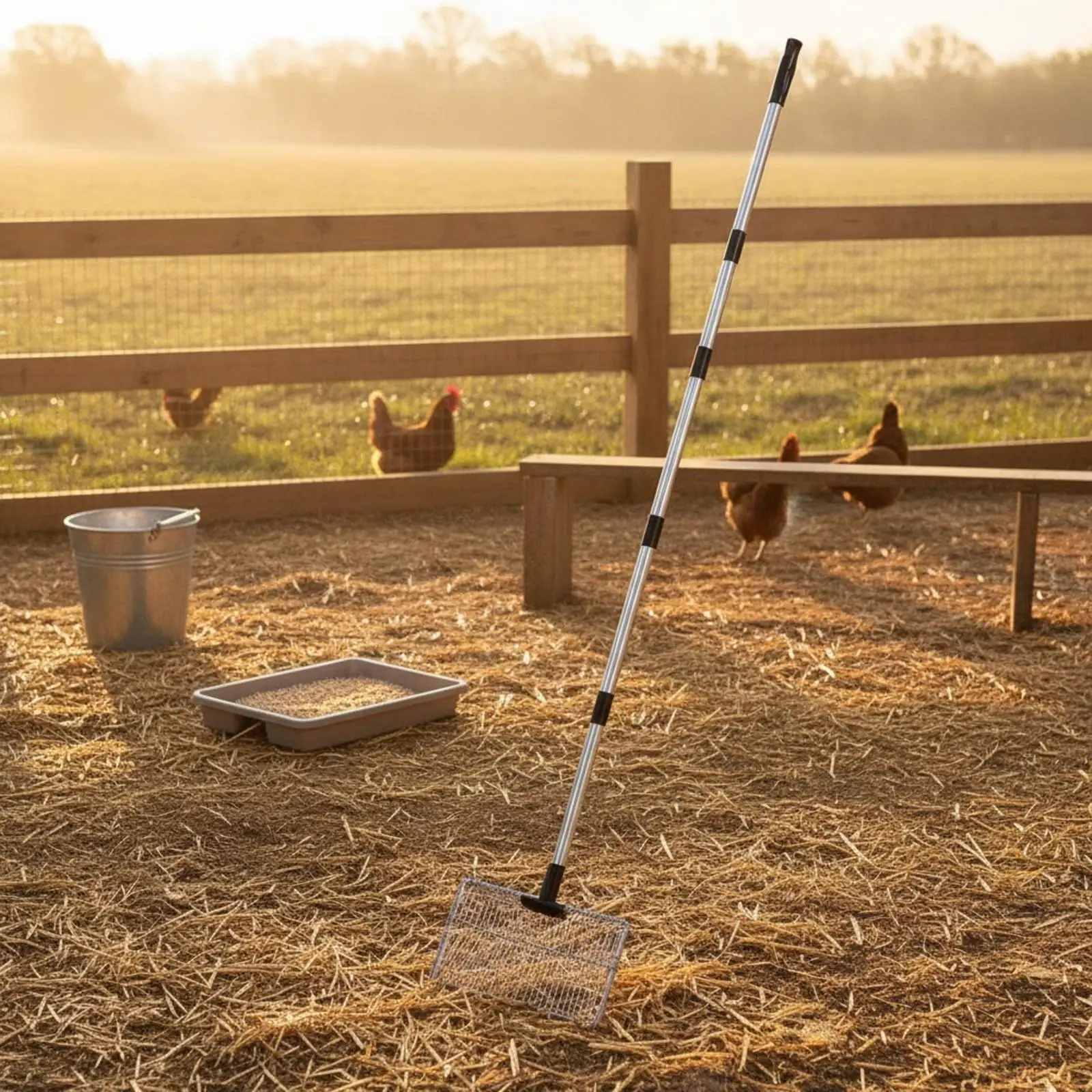 Poultry Manure Scoop with Wire-Mesh Head Adjustable-Length Chicken Coop Cleaner with Long Handle Poop Scooper Heavy-Duty