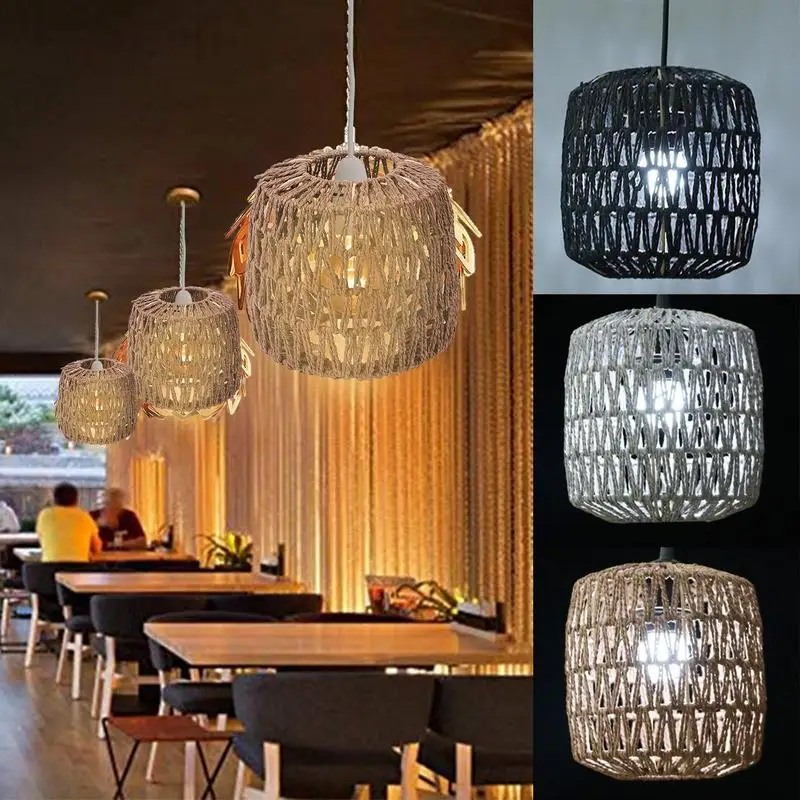 

Rattan Lamp Shade Hand Woven Paper Rope Ceiling Light Pendant Retro Bohemian Style Hanging Lamp Cover for Home Bed Room Decor