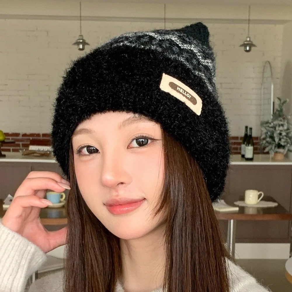 Polyester Knitted Beanie Hat Thick Knit 56cm To 58cm Circumference Fleece Lined Hat Warm Winter Fair Isle Pattern