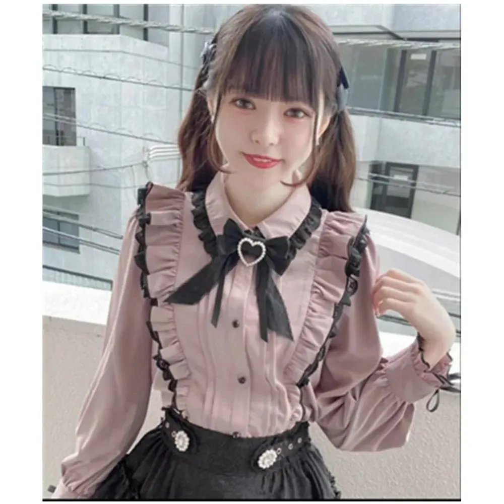 Cute Cartoon High Students Shirts Japanese Lace Ruffle Shirts Women Y2k Pink Bow Blouse Harajuku Cute Ladies Tops New Fashion