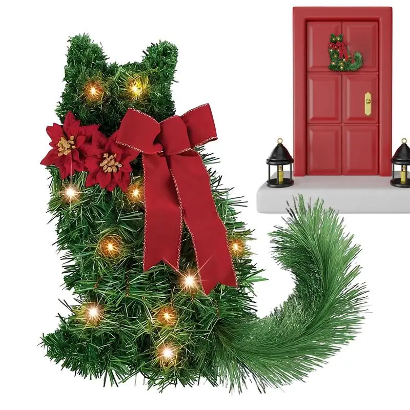 Christmas Cat Wreath for Door Artificial Lighted Holiday Wreath Decorative Christmas Wreath Decorated With Red Bow for Walls