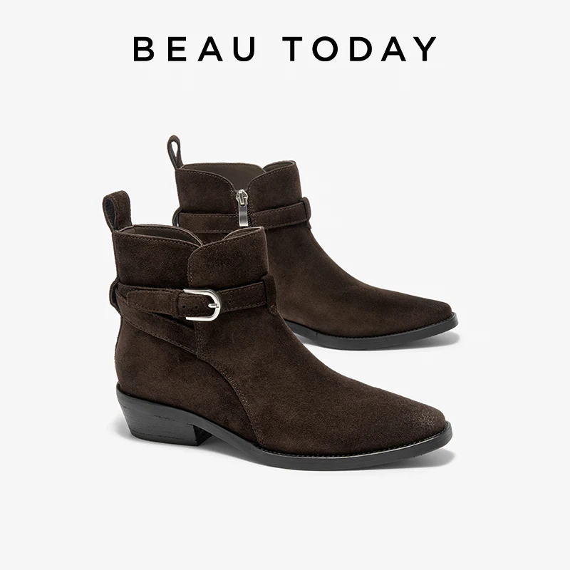 BEAUTODAY Ankle Boots Women Cow Suede Leather Solid Color Pointed Toe Zipper Western Boots Casual Ladies Shoes Handmade 03176