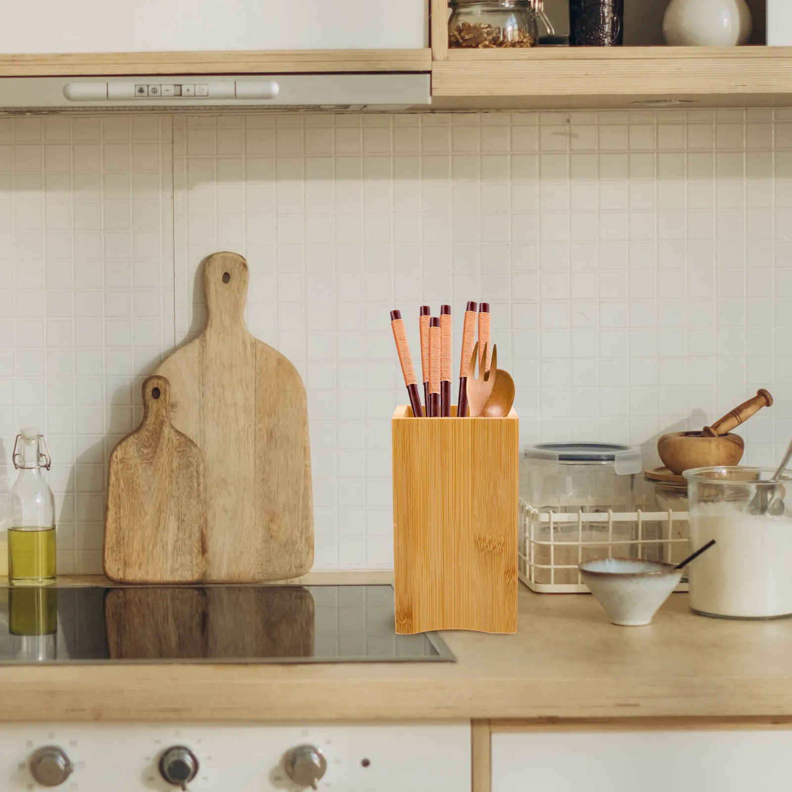 Soporte de Bambú para Utensilios de Cocina, Escurridor de Palillos con Orificios de Secado, Caja de Almacenamiento de Cucharas que Ahorra Espacio