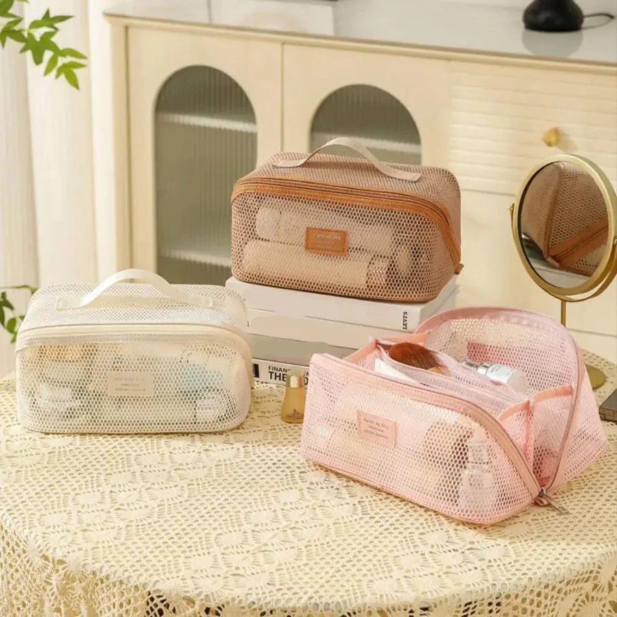 Large Capacity Mesh Handheld Makeup Bag Zipper Multi-layer Transparent Mesh Cosmetic Bag Organizer Case Square Toiletry Bag