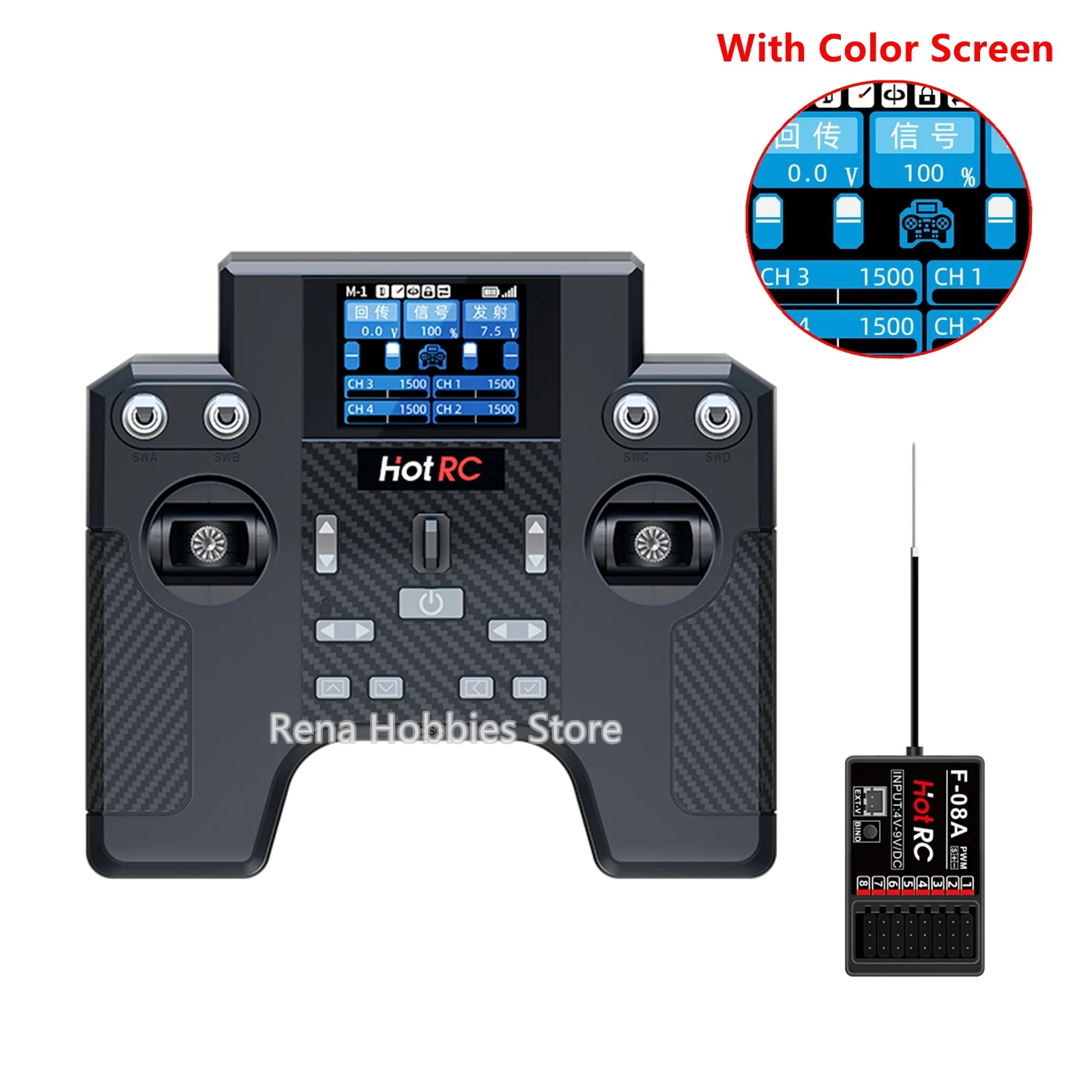 

HotRC HT-8A 8CH 2,4 ГГц FHSS передатчик дистанционного управления с цветным экраном приемника F-08A для обновления радиоуправляемого автомобиля, лодки, вертолета, самолета