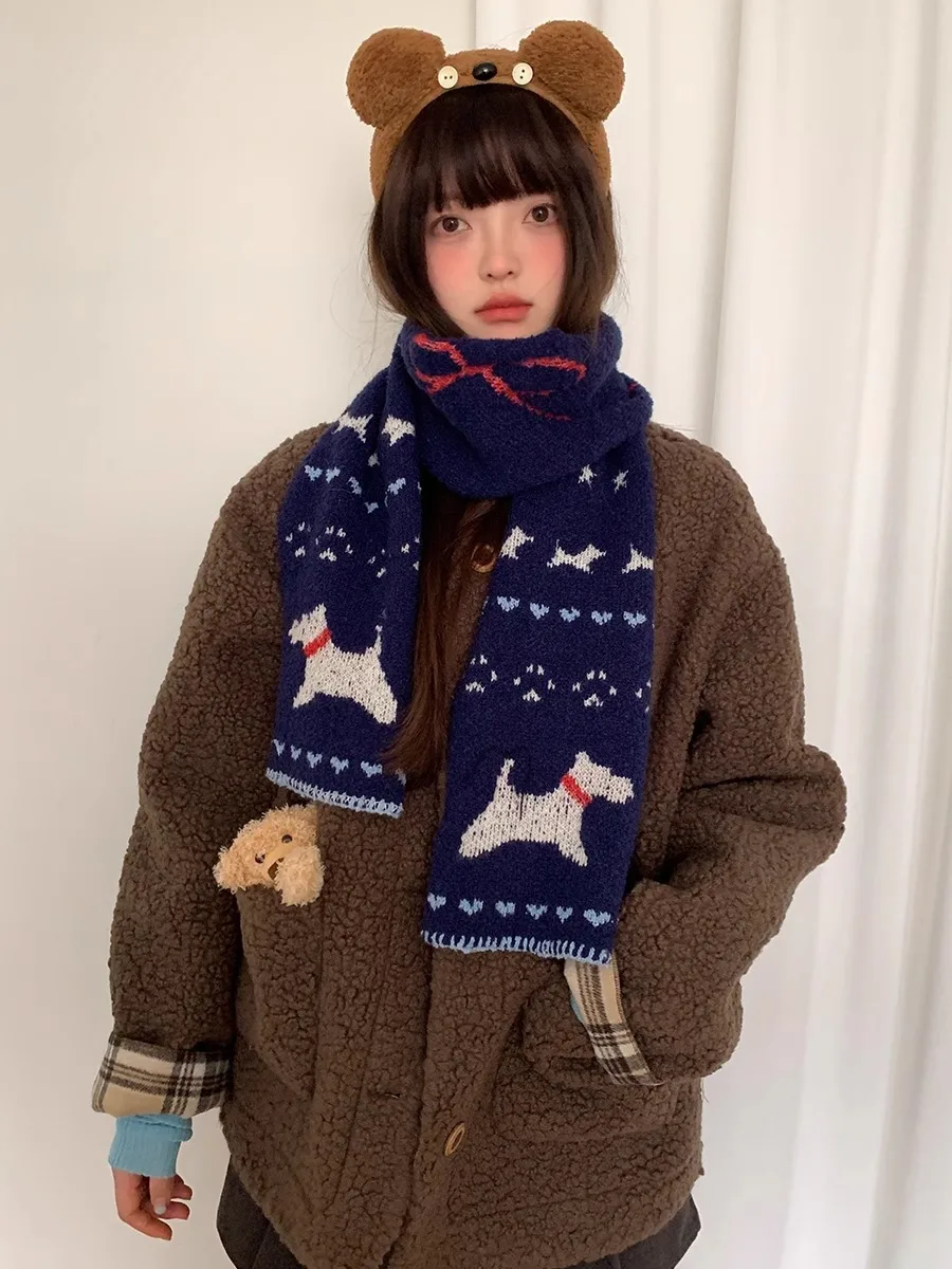 Japanese-Style Dark Blue Small Dog Knit Scarf For Women, Winter Cute Shopping Atmosphere Versatile Warm Student Wool Scarf