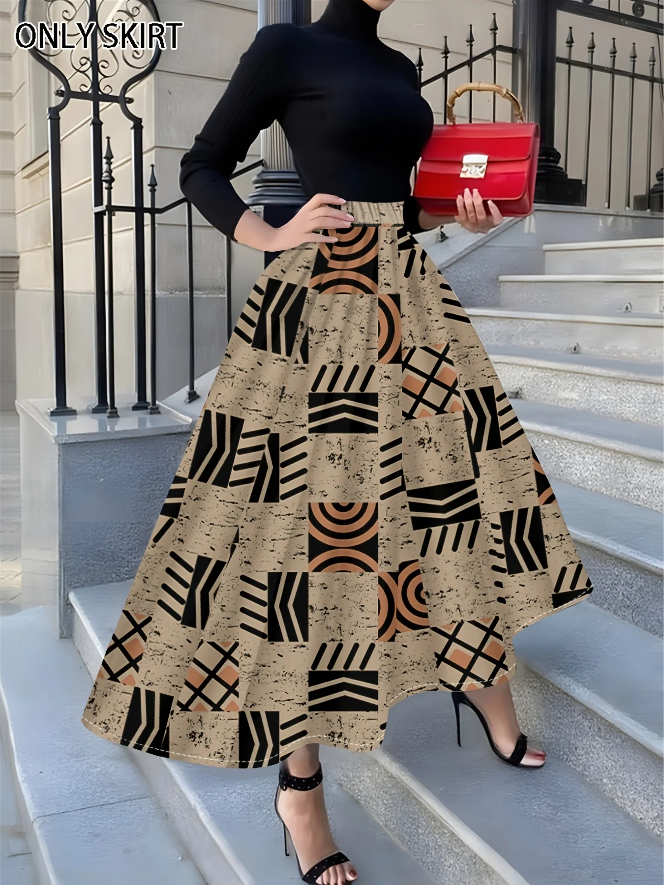 Printed Design Women's Beige Distressed Tribal Geometric Print High Waist A Line Midi Skirt