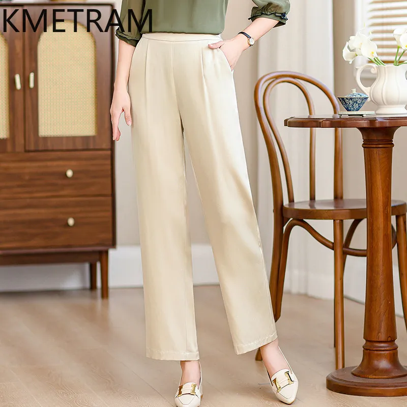 

KMETRAM 91% Real Mulberry Silk Women Pants 2026 Spring Versatile Elastic Waist Long Straight Leg Pants Ladies Clothes Ropa Mujer