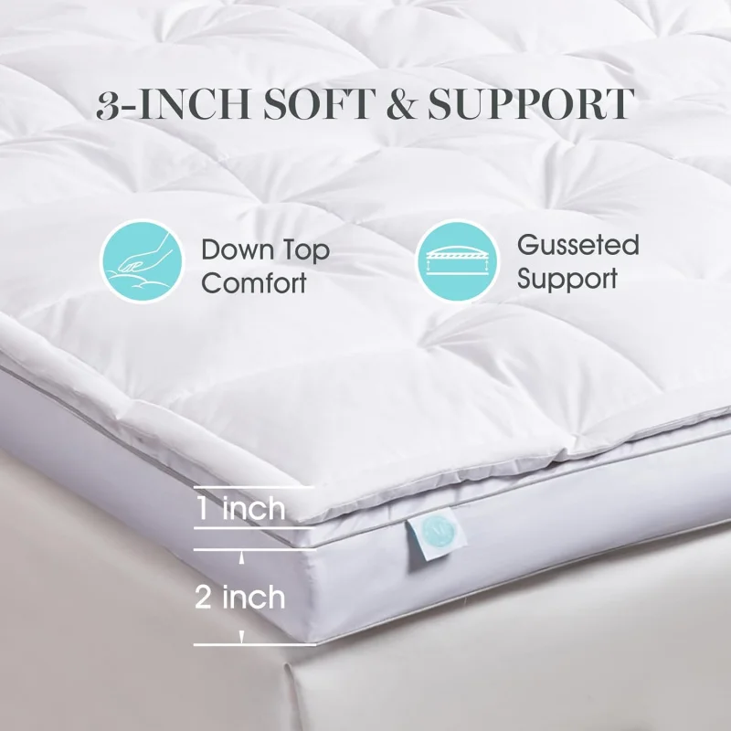 (UUX) مرتبة سفلية مقاس 3 بوصات - غطاء سرير من الريش الأبيض المنفوش بحجم كينج 100% غطاء قطني من القماش Ultra So UQ