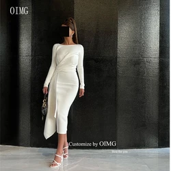 OIMG Vintage Ivory White Arabic Women Formal Party Dresses Long Sleeves Stretch Tea Length Dubai Women Simple Evening Gowns