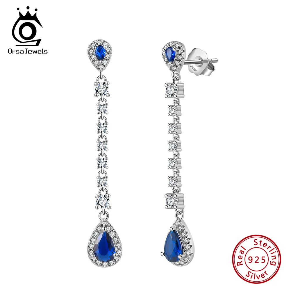 

ORSA JEWELS 925 Sterling Silver Sapphire CZ Dangle Earrings Rhodium Plated Zirconia Party Water Drop Long Chain Earrings LZE29