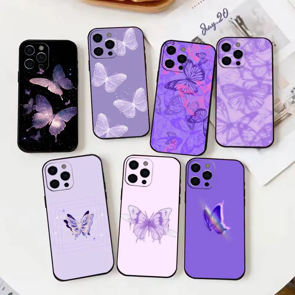 

Purple Butterfly Couple Phone Case For iPhone17,16,15,14,13,12,11 Plus,Pro Max Soft Black Cover