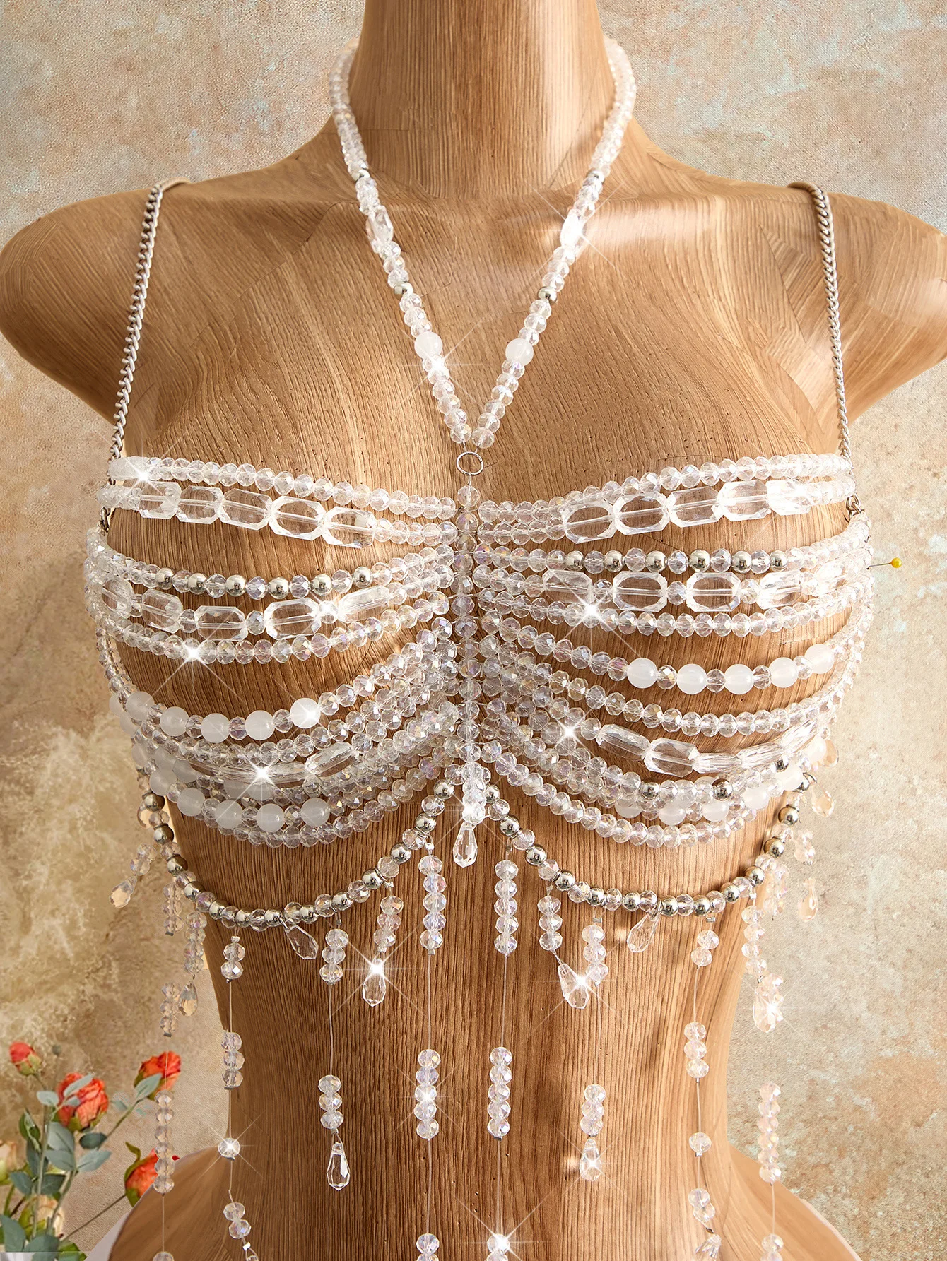 

Spicy Girl Pearl Bead Chest Chain Tassel Hanging Neck Vest Body Chain Music Festival Nightclub Jumping Di Gem Top Trendy Woman