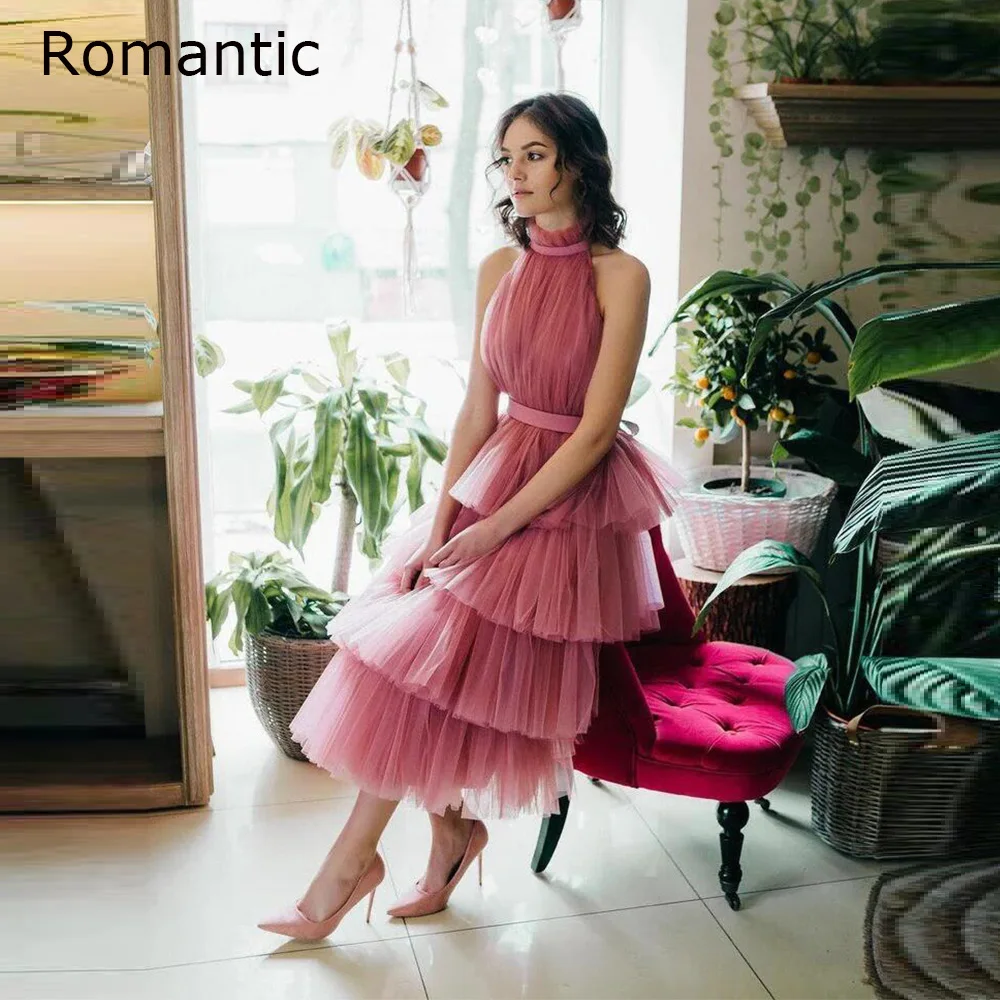 

Romantic Pink Tulle Short Evening Dresses 2022 Teen Girls Tiered High Collar Party Gowns Graduation Wedding Dresses