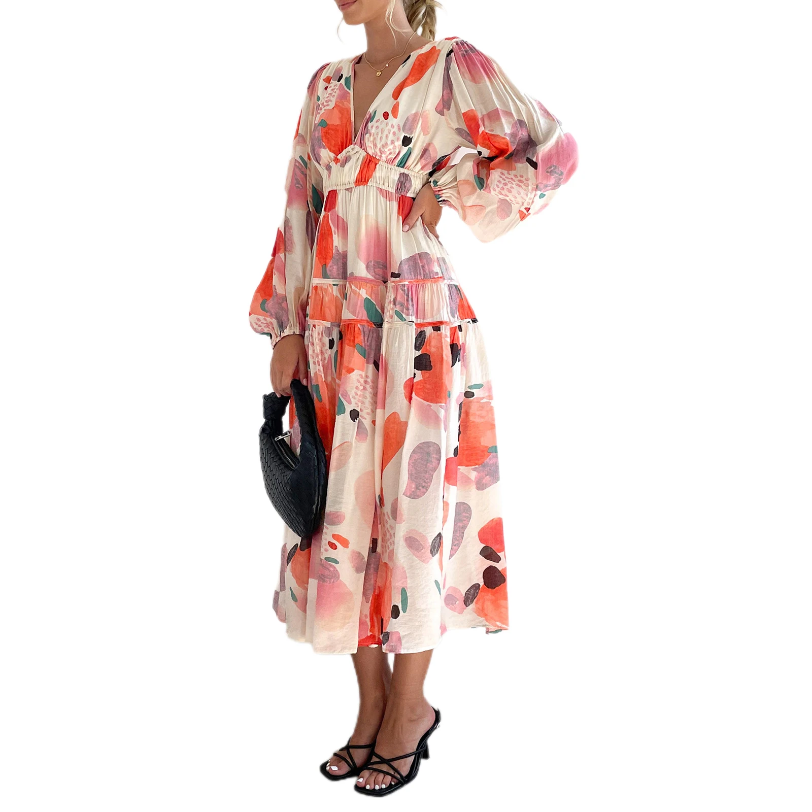 Robe longue bohème à imprimé floral pour femmes, col en V, manches longues, décontracté, élégant, plage, vacances, fête