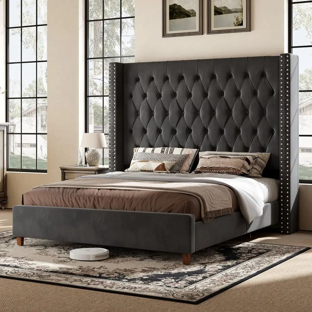 Luxury King Bed Frame with Wingback Headboard