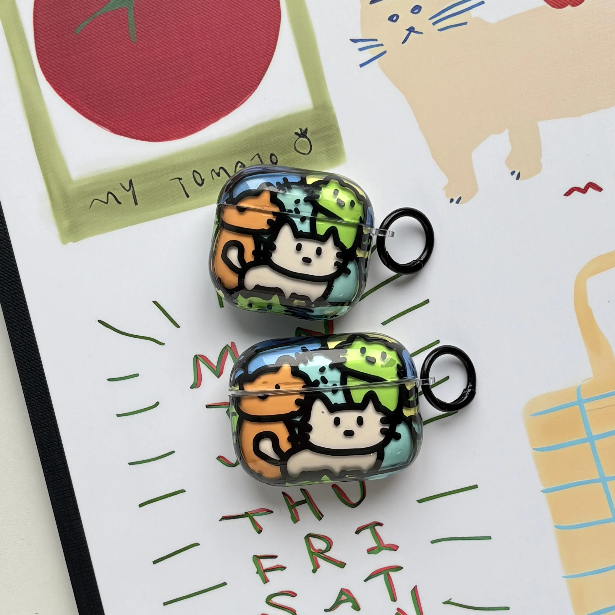 Cartoon Niedliche Bunte Linien-Kätzchen Transparente Schutzhülle für Kopfhörer Geeignet für AirPods 1 2 3 4 5 Pro Pro2 Pro3