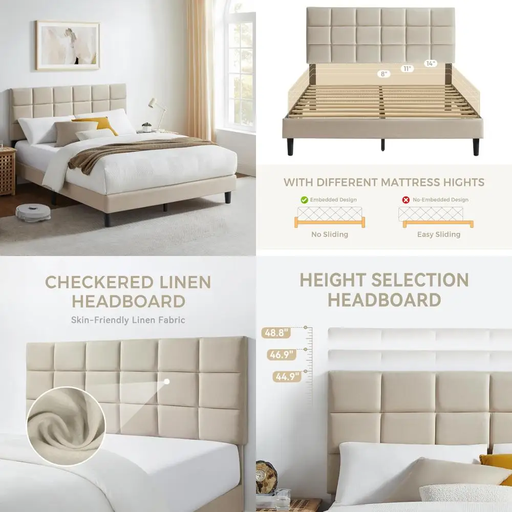 Cabeceira estofada de linho, estrutura de cama de tamanho completo com suporte de ripas de madeira para fácil montagem e sono silencioso