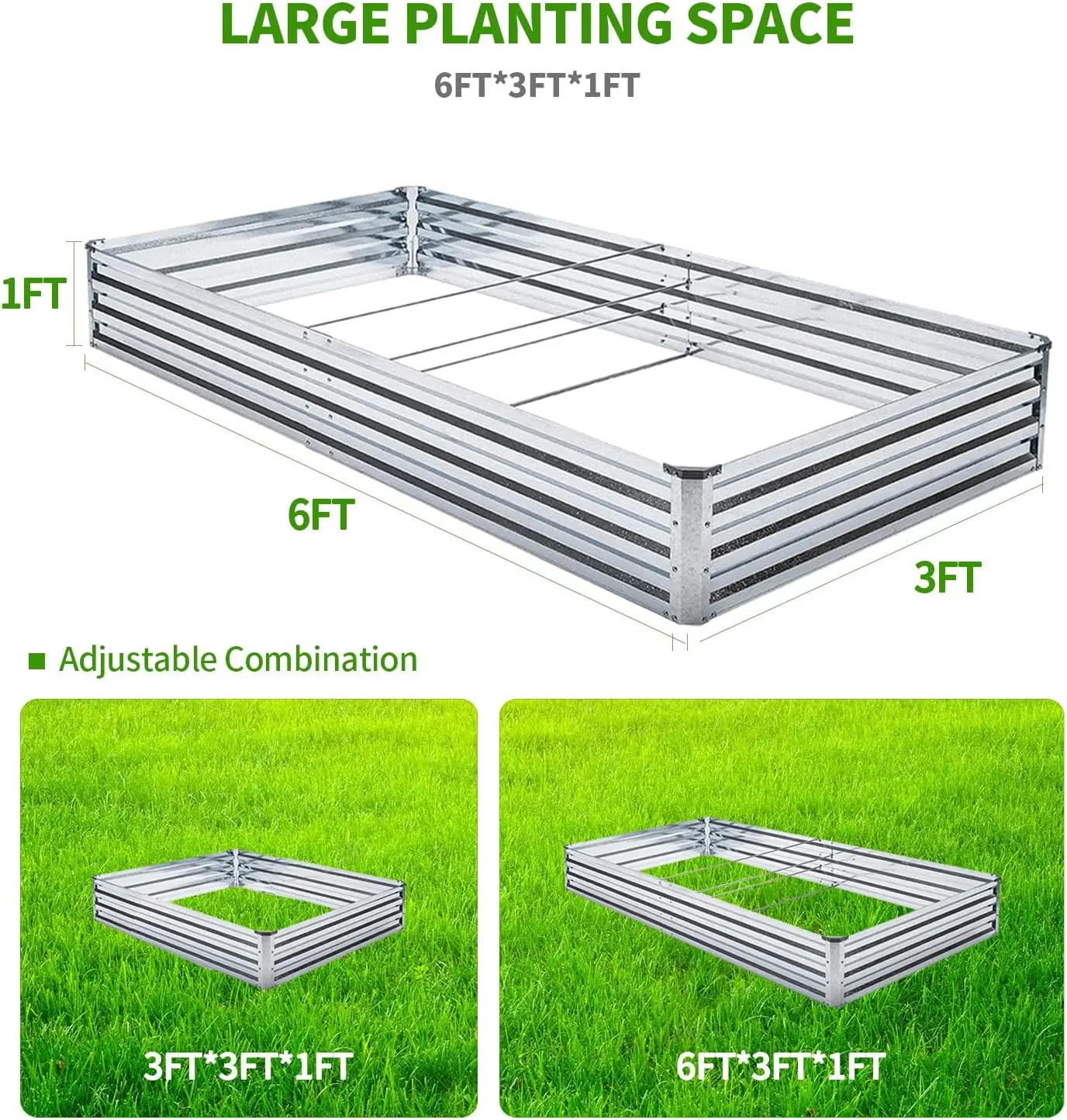 Outdoor Raised Garden Bed - Galvanized Metal, 2pcs/Pack, 6'x3'x1', for Flowers, Plants, Vegetables, Herbs