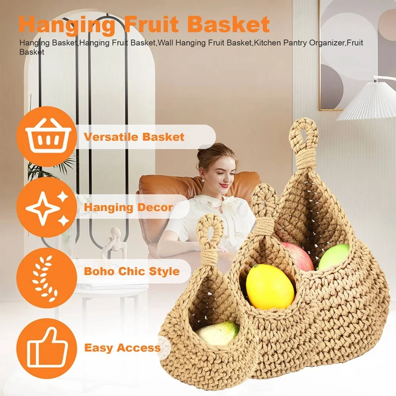 3Pcs Boho Hanging Basket, Wall Hanging Fruit Basket For Fresh Produce Storage, Vegetable Keeper For Potato, Onion Garlic