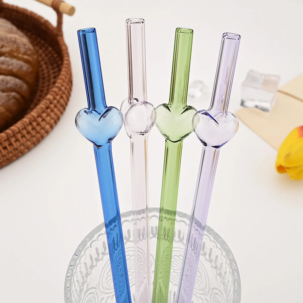 Juego de pajitas de vidrio de alto borosilicato, pajita de cristal creativa, té de la leche, zumo, pajita de cóctel con 1 cepillo, accesorios de barra de cocina, 4 Uds.